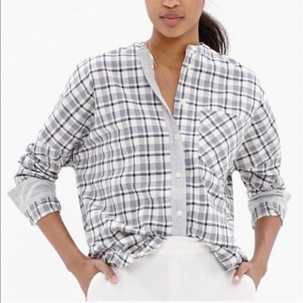Women's S Madewell Dossier Plaid Collarless Button Down Blue Striped Trim